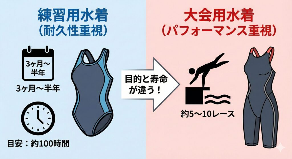 練習用競泳水着 vs 大会用競泳水着「寿命の目安」比較
