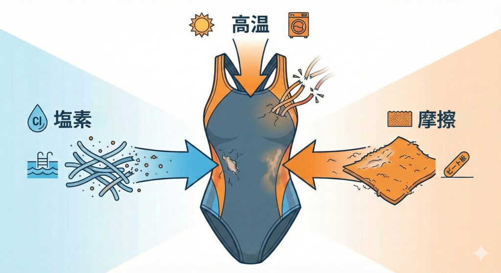 競泳水着の劣化原因「塩素」「摩擦」「高温」